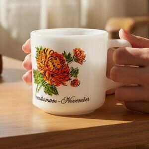 Vintage Unmarked November Chrysanthemum Mug  Milk Glass Flower of the Month 1970